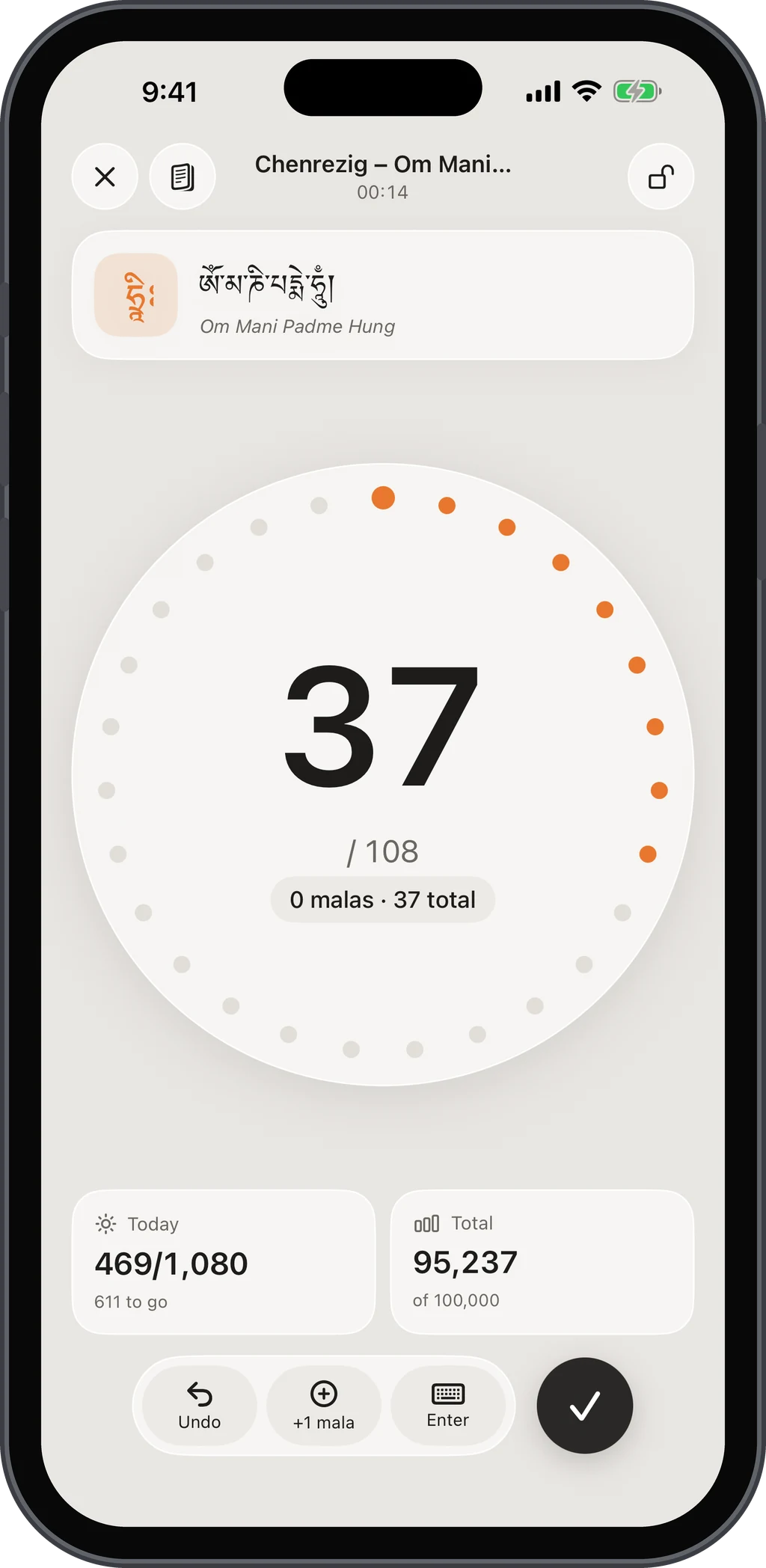 Dharma Mala counter: a 108-bead ring at bead 37 with today's count and the running total
