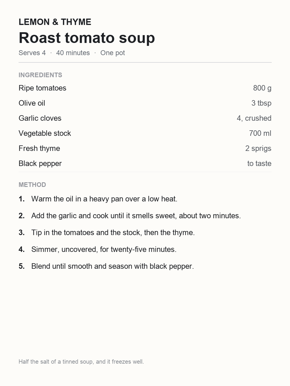 A recipe card: ingredients and method for roast tomato soup
