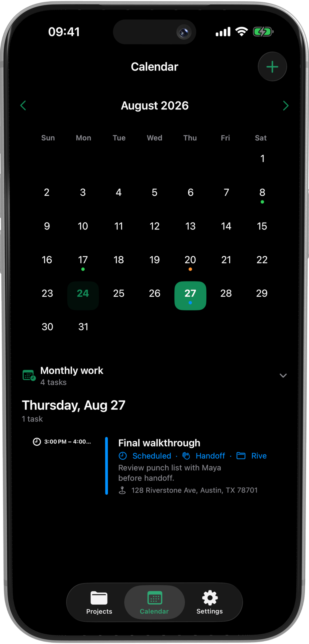 PhaseSnap Calendar screen with the Final walkthrough task