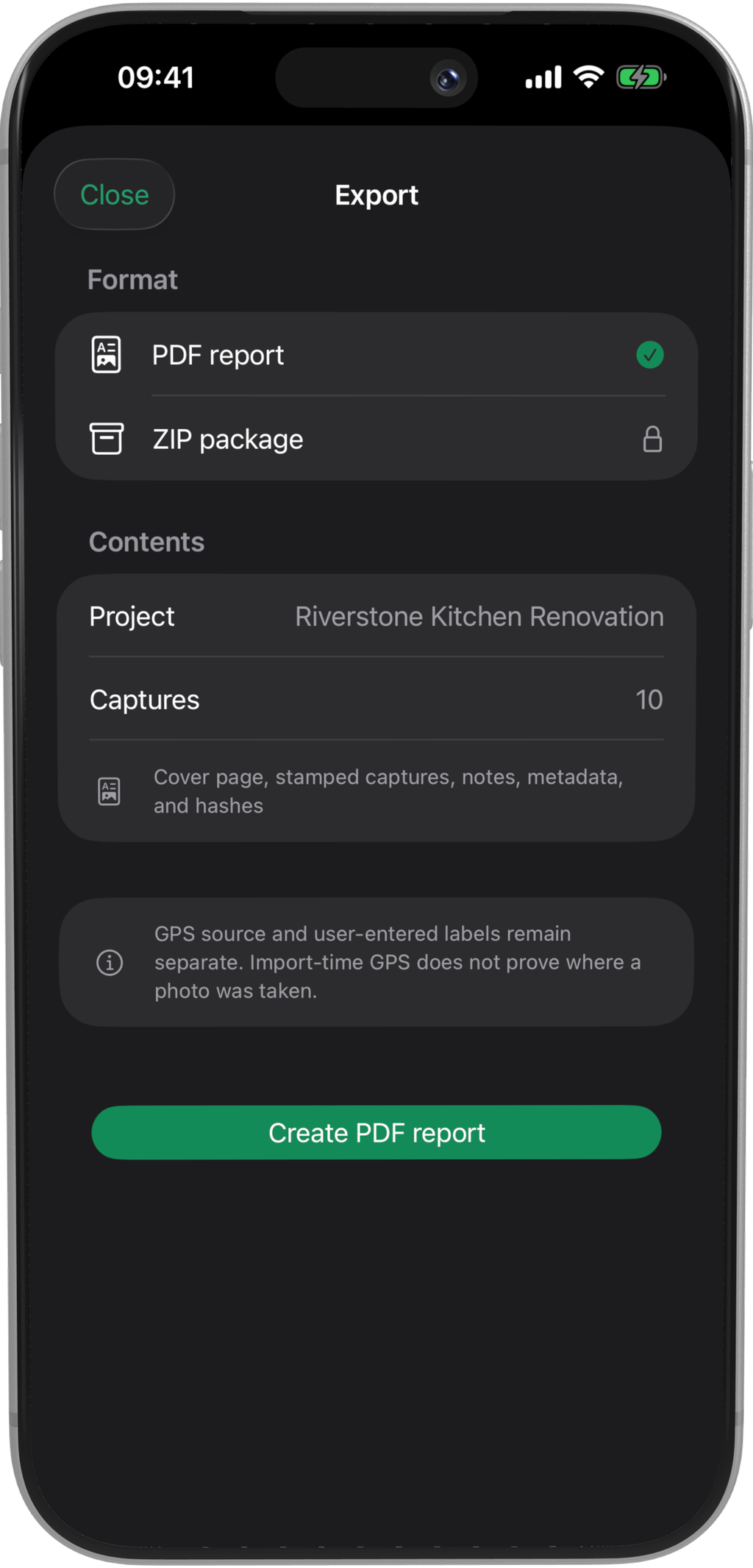 PhaseSnap Export screen with the PDF report option